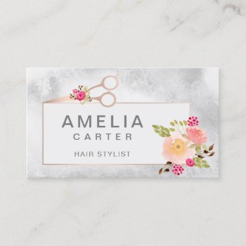 Rose Gold Scissors Floral Hair Stylist Salon Business Card by MG_BusinessCards at Zazzle