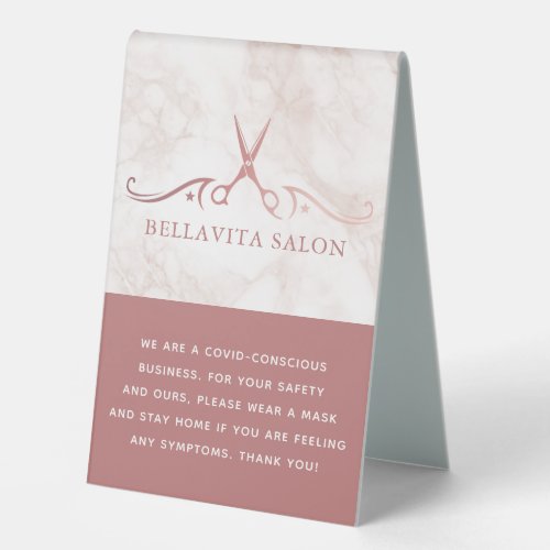 Rose Gold Scissors Marble Salon Covid Conscious Table Tent Sign