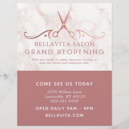 Rose Gold Scissors Marble Salon Covid Reopening Flyer