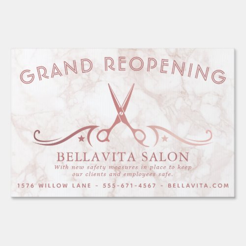 Custom Banners And Signs 12 Rose Gold Scissors Marble Salon Opening Covid Sign