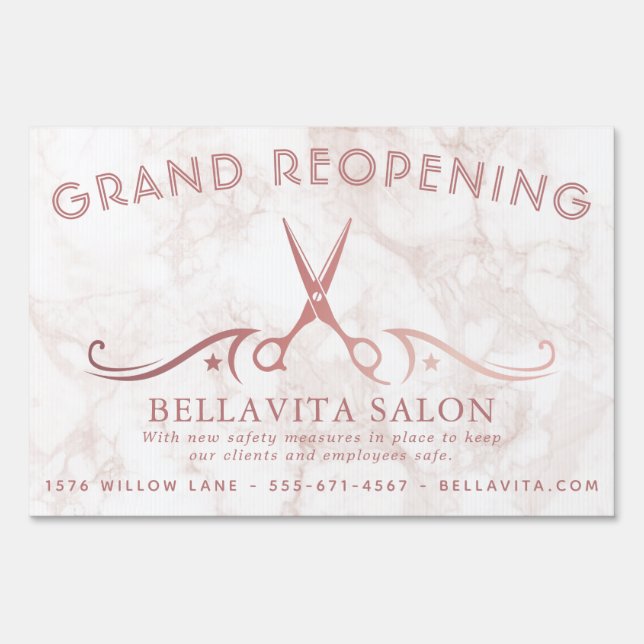 Rose Gold Scissors Marble Salon Opening Covid Sign (Front)