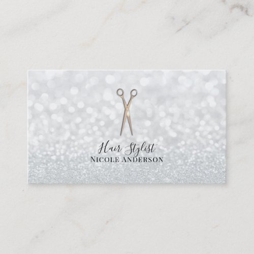 Rose Gold Scissors White Glitter Chic Hair Stylist Business Card
