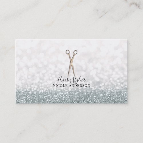 Rose Gold Scissors White Glitter Hair Stylist Business Card