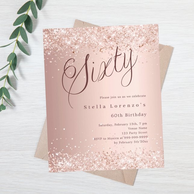 Rose gold script 60th birthday budget invitation (Creator Uploaded)