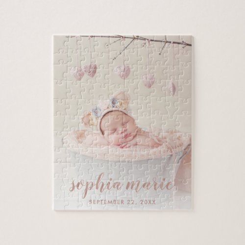 Rose Gold Script Baby Girl Birth Photo Jigsaw Puzzle
