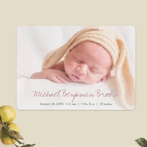 Rose Gold Script Baby Photo Birth Announcement