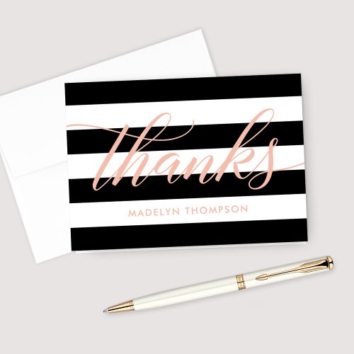 Rose Gold Script Black and White Stripes Wedding Thank You Card