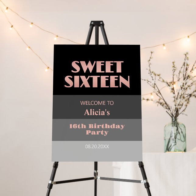 Rose Gold Script Black Grey Stripes 16th Birthday Foam Board (In Situ (Stand))