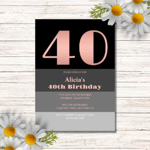 Rose Gold Script Black Grey Stripes 40th Birthday Invitation
