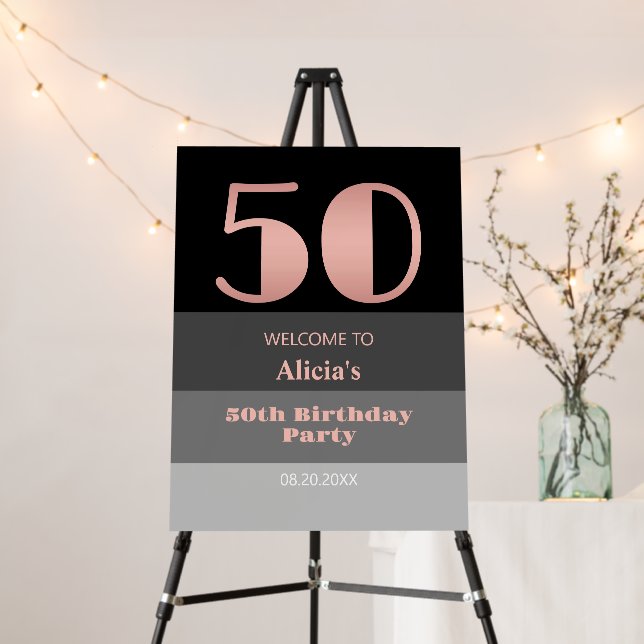 Rose Gold Script Black Grey Stripes 50th Birthday Foam Board (In Situ (Stand))