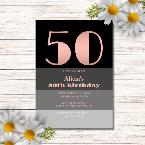 Rose Gold Script Black Grey Stripes 50th Birthday Invitation