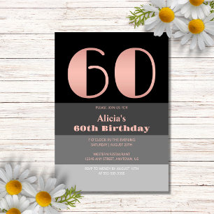 Rose Gold Script Black Grey Stripes 60th Birthday Invitation