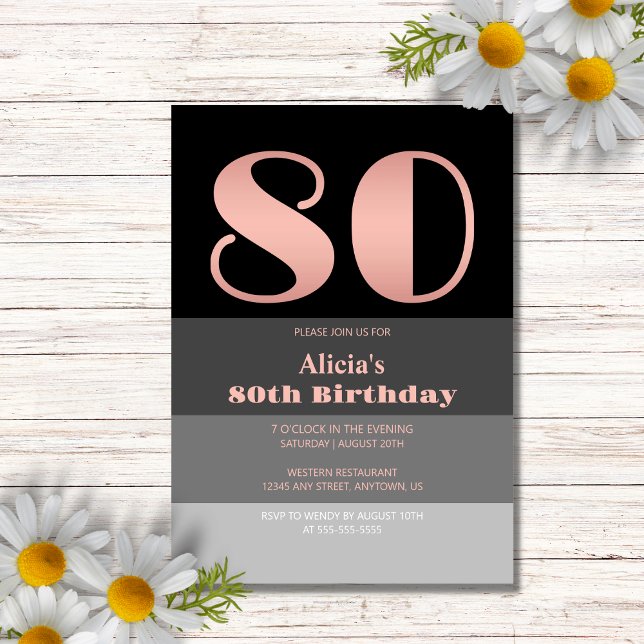 Rose Gold Script Black Grey Stripes 80th Birthday Invitation (Creator Uploaded)