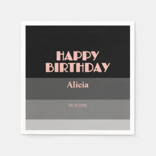 Rose Gold Script Black Grey Stripes Birthday Napkins