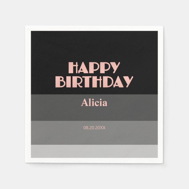 Rose Gold Script Black Grey Stripes Birthday Napkins (Front)