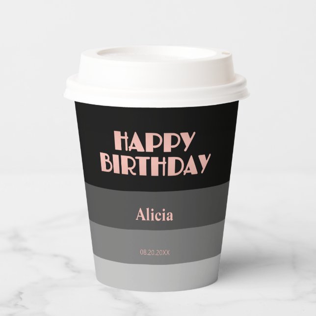Rose Gold Script Black Grey Stripes Birthday Paper Cups (Front)