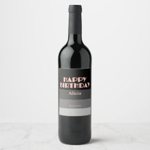 Rose Gold Script Black Grey Stripes Birthday Wine Label