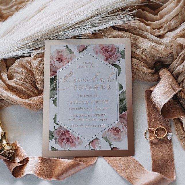 Rose Gold Script Blush Floral Frame Bridal Shower Foil Invitation (Creator Uploaded)