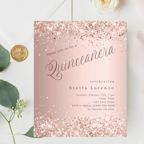 Rose gold script buddget Quinceanera invitation