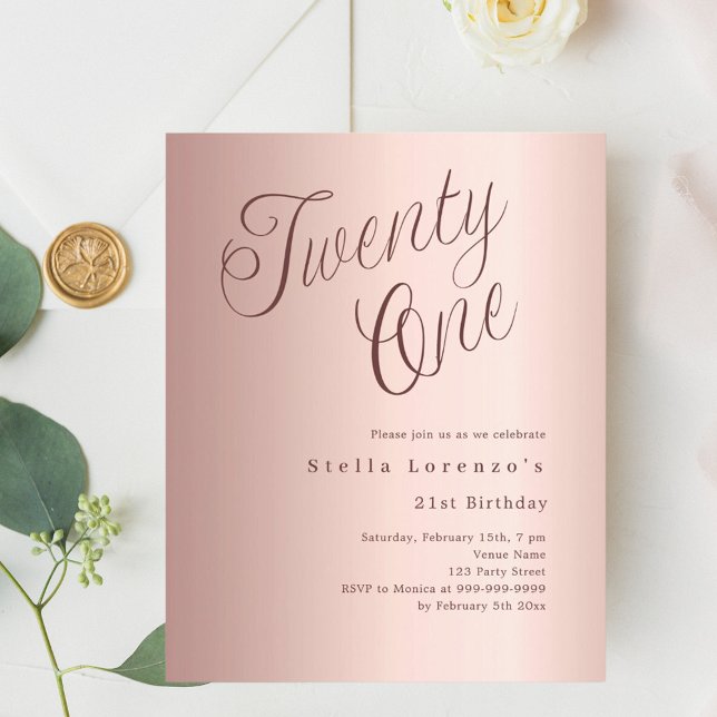Rose gold script budget 21st birthday invitation (Creator Uploaded)