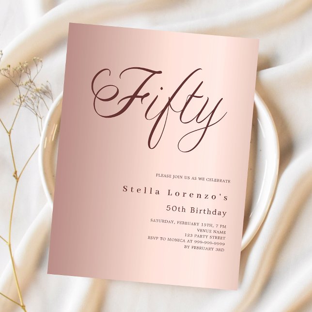 Rose gold script budget 50th birthday invitation (Creator Uploaded)