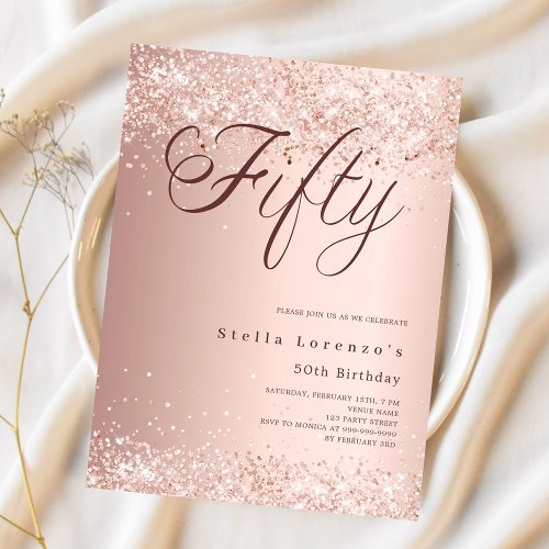 Rose gold script budget 50th birthday invitation