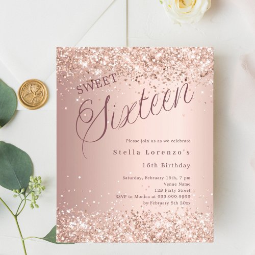 Rose gold script budget Sweet 16 invitation