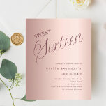 Rose gold script budget Sweet 16 invitation<br><div class="desc">A modern Sweet 16 invitation. Rose gold gradient background and the word Sixteen written with large letters. Personalize and add a name and party details. 

1 sheet = 1 invitation printed edge to edge.</div>