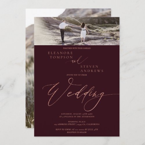 Rose gold script burgundy 2 photos wedding invitation