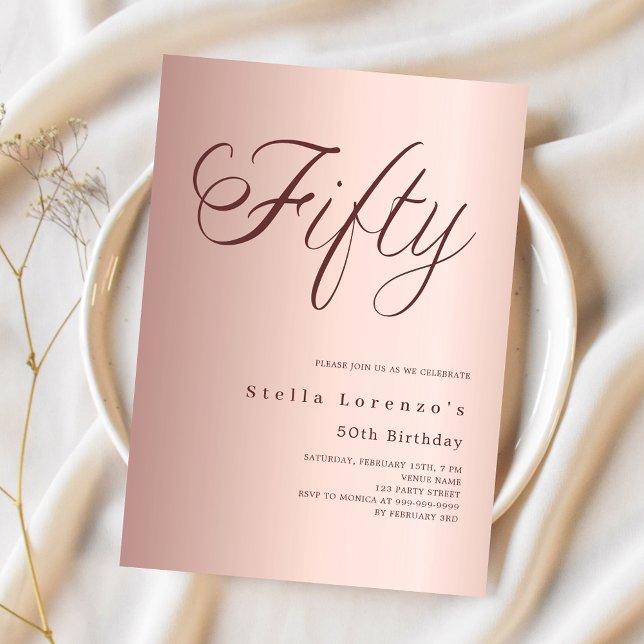 Rose gold script elegant 50th birthday luxury invitation (Creator Uploaded)