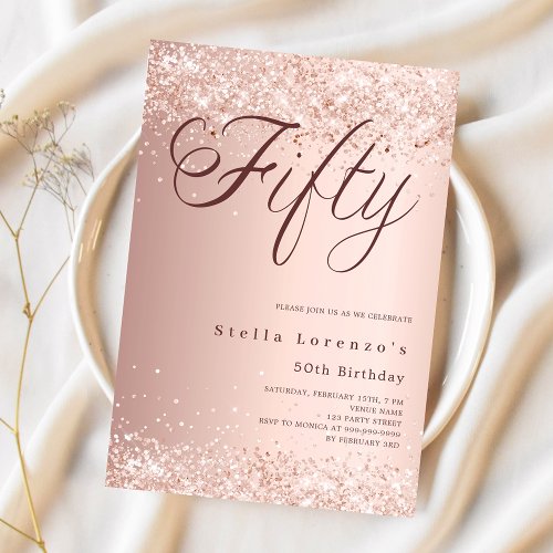 Rose gold script elegant confetti 50th birthday invitation