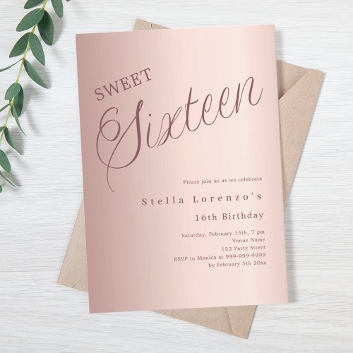 Rose gold script elegant Sweet 16 Invitation