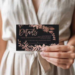 Rose Gold script floral black wedding direction Enclosure Card