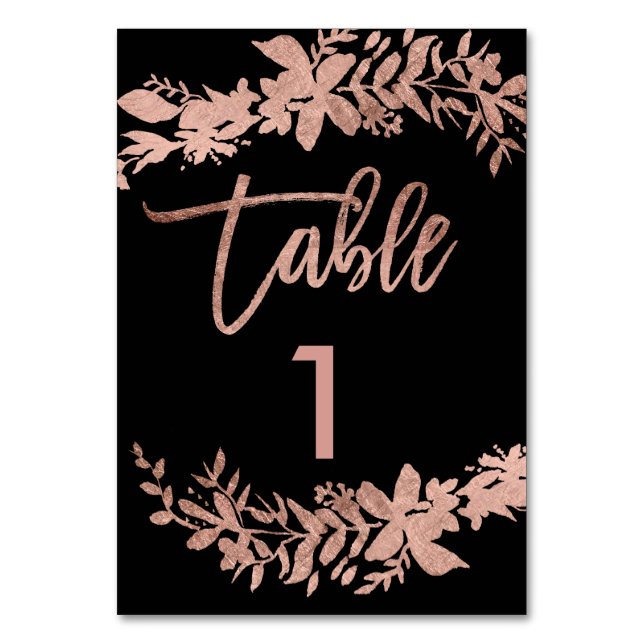 Rose gold script Floral black wedding table number (Front)