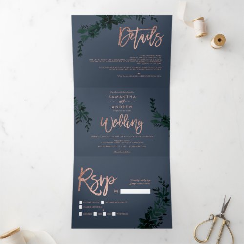 Rose gold script Floral blue elegant wedding Tri_Fold Invitation