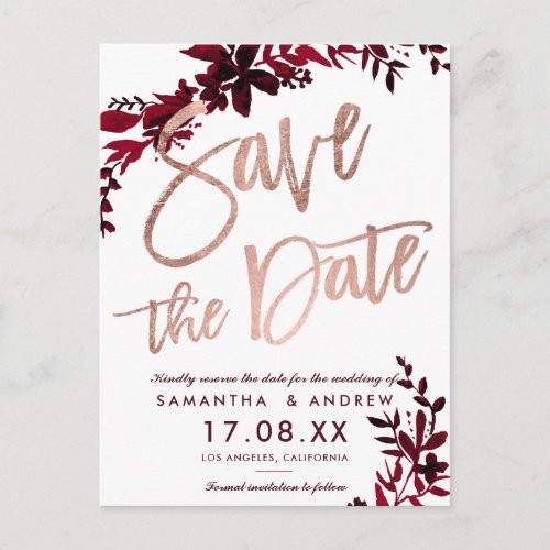 Rose gold script Floral fall red save the date Announcement Postcard - Rose gold script fall red burgundy leaf greenery grey save the date Wedding Invitation Collection. Send your save the date card with this elegant faux rose gold typography with watercolor red leaf foliage on grey background, perfect for chic style wedding