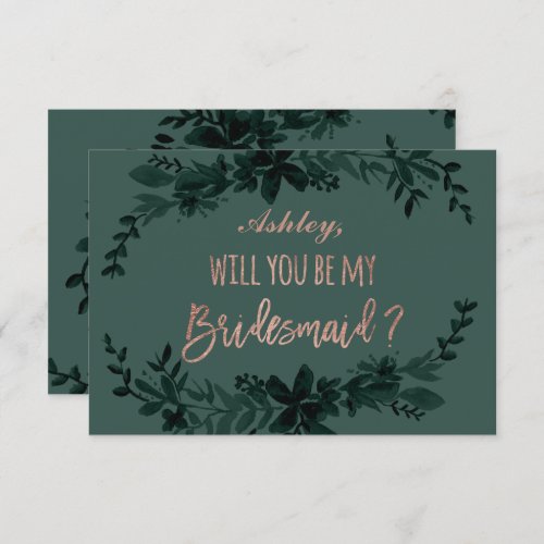 Rose gold script Floral green be my bridesmaid Invitation