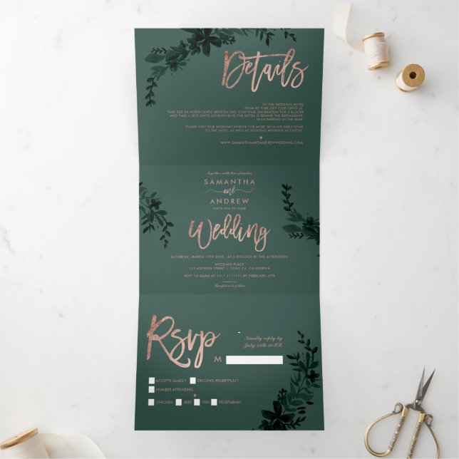 Rose gold script Floral green elegant wedding Tri-Fold Invitation (Inside)