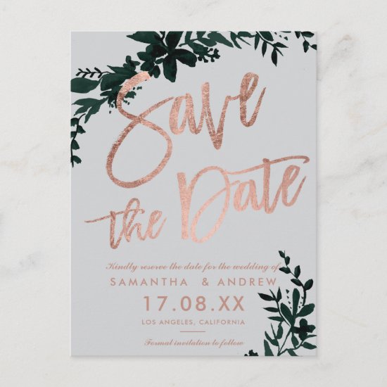 Rose gold script Floral green grey save the date Announcement Postcard