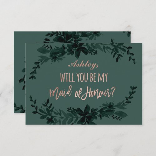 Rose gold script Floral green maid of honour Invitation