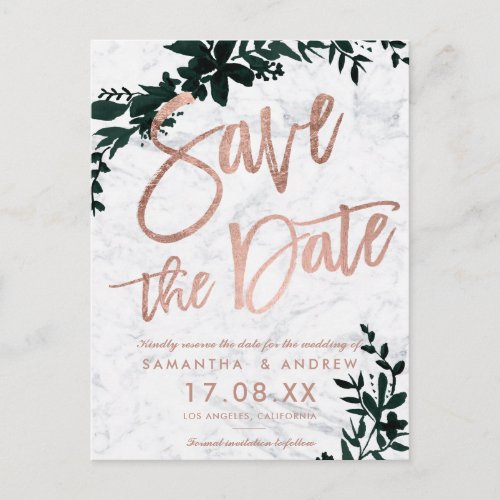 Rose gold script Floral green marble save the date Announcement Postcard