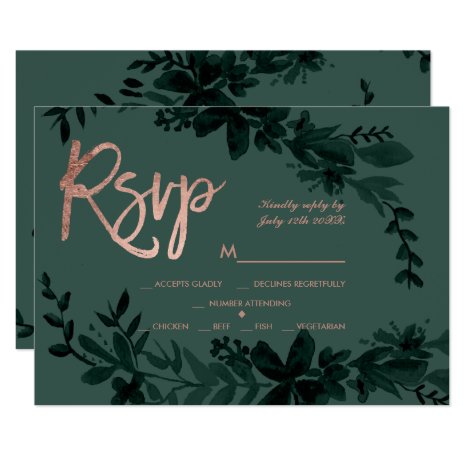 Rose gold script Floral green rsvp wedding Card