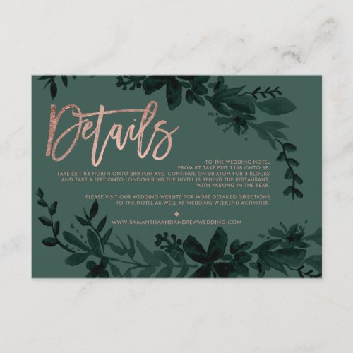 Rose gold script Floral green wedding direction Enclosure Card