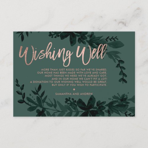 Rose gold script Floral green wedding wishing well Enclosure Card