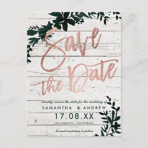 Rose gold script Floral green wood save the date Announcement Postcard