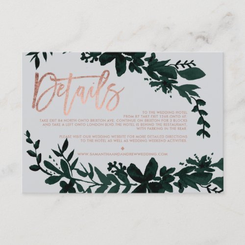 Rose gold script Floral grey wedding direction Enclosure Card