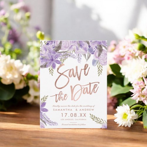 Rose gold script Floral lavender save the date Announcement Postcard