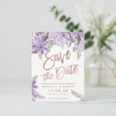 Rose gold script Floral lavender save the date Announcement Postcard (Standing Front)