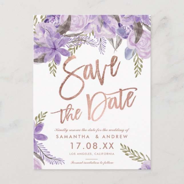 Rose gold script Floral lavender save the date Announcement Postcard (Front)