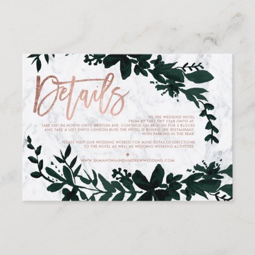 Rose gold script Floral marble wedding direction Enclosure Card